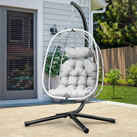 Uforic Hanging Egg Chair with Stand Swing Chair Wicker Indoor Outdoor Hammock Egg Chair with Cushions 330lbs for Patio, Bedroom, Garden and Balcony, Light Gray