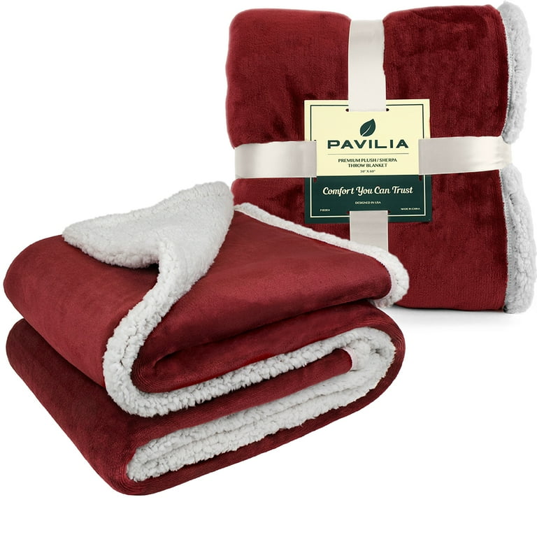 PAVILIA Plush Sherpa Fleece Throw Blanket Burgundy Red Soft Warm Fuzzy Wine Maroon Throw for Couch Sofa Solid Reversible Cozy Microfiber Fluffy