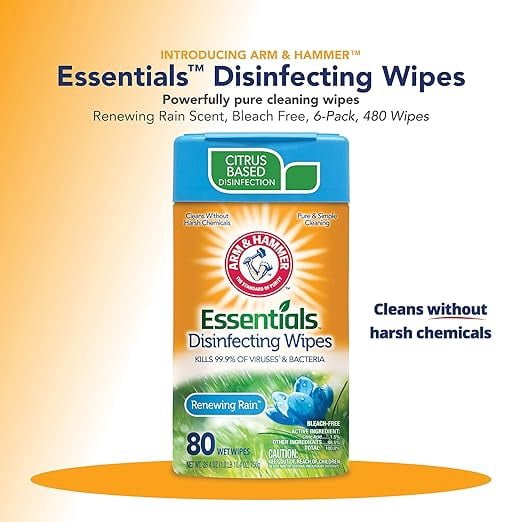 Arm & Hammer Essentials Disinfecting Wipes, Renewing Rain Scent, 6 Pack, 80 Count, 480 Wipes
