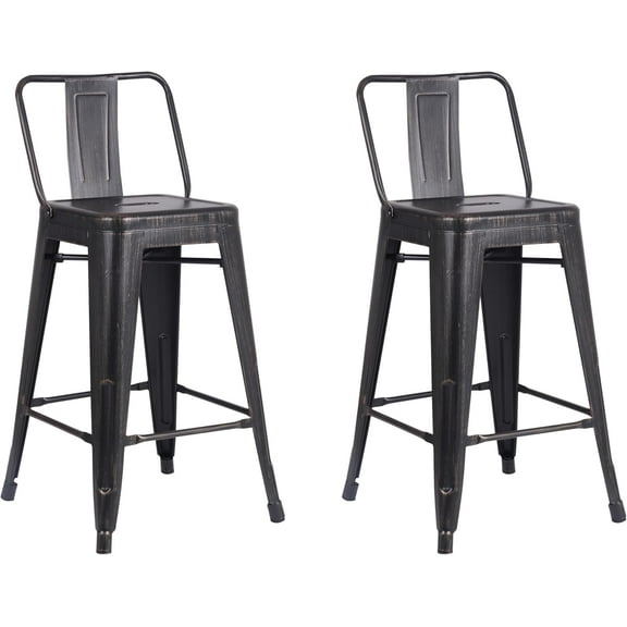 Modern Light Weight Industrial Contemporary Rustic Vintage Costal Metal Barstools with Bucket Back and 4 Leg Design, (Set of 2) (24" Seat, Distressed Black)