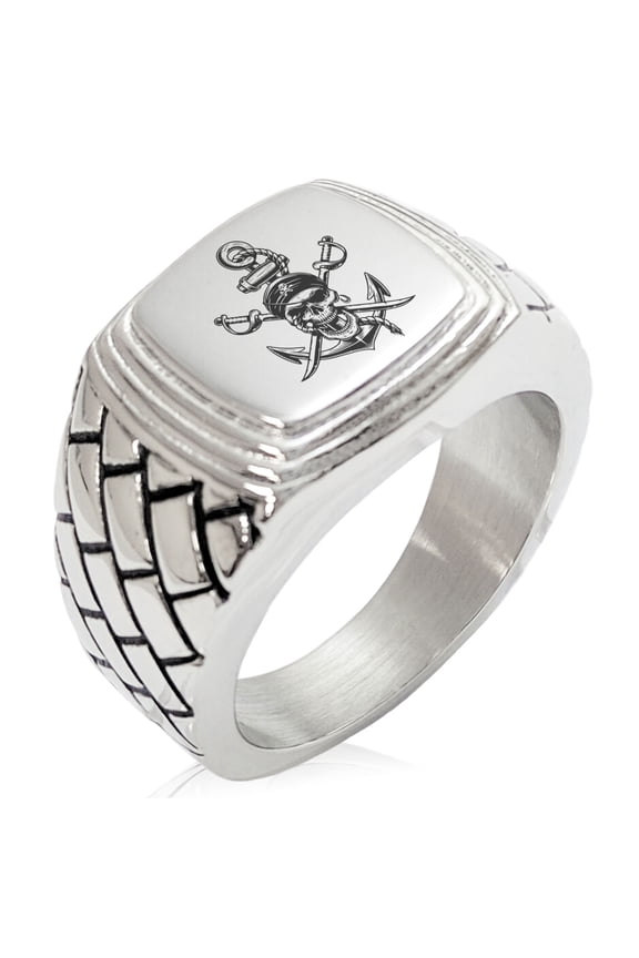 Stainless Steel Pirate Skull Anchor & Cross Swords Geometric Pattern Step-Down Biker Style Polished Ring