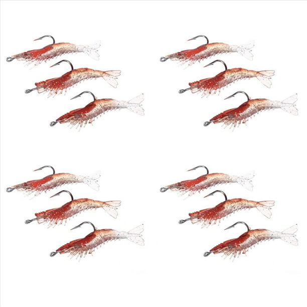 12pcs 6cm / 3g Artificial Pesca Senuelo Camaron Bionico Suave Cebo Pesca Trasto Noctilucent Luminoso Realista con Gancho Rojo