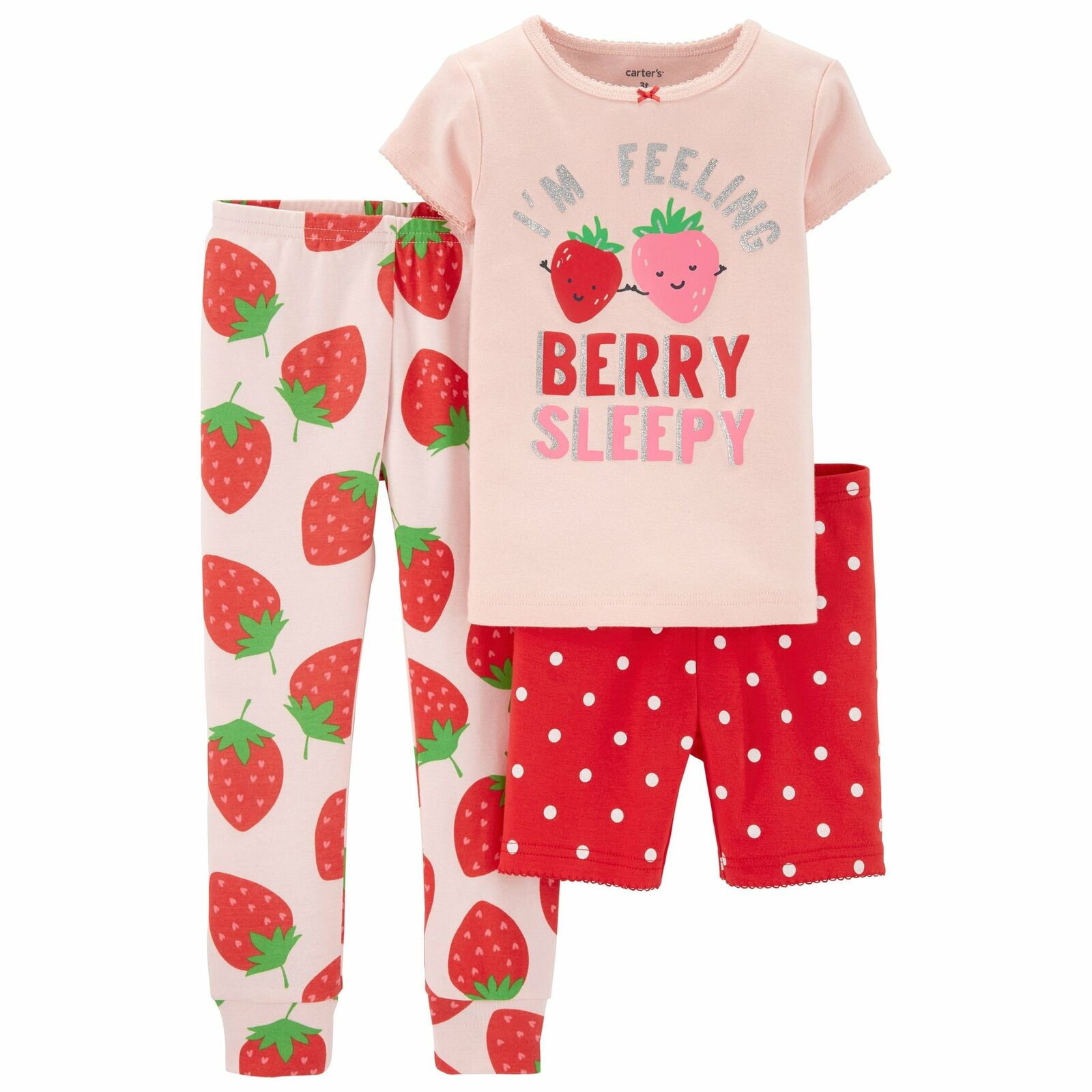 Carter'S Toddler Girls Strawberry Snug Fit 3 Piece Pajama Set Pink/Red 4T -  Walmart.com