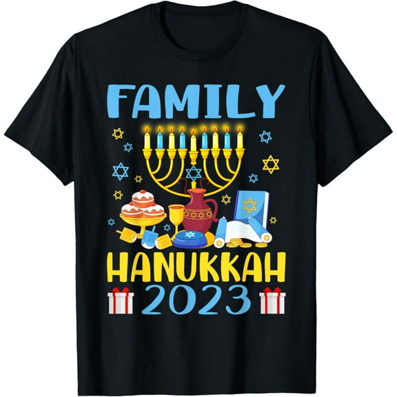 Funny Family Hanukkah 2023 Menorah Happy Chanukah Pajamas T-ShirtMen and women, Black T-shirt, size: Extra large