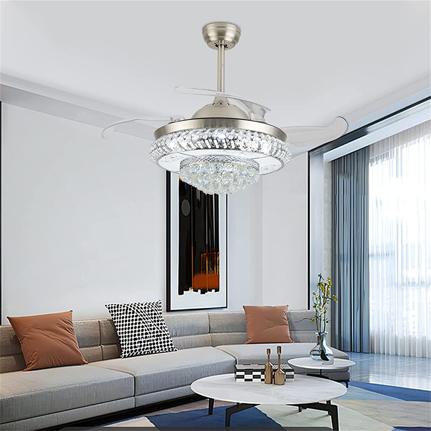 Miumaeov Modern Retractable Crystal Ceiling Fan with Light and Remote