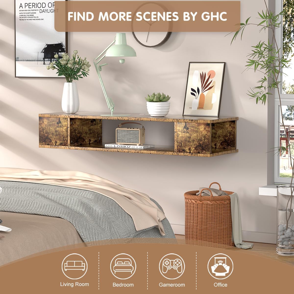 Floating TV Stand, Wall Mounted Entertainment Center and Cabinet Shelf, TV Console with Storage, Media Console for DVD Player, Space-Saving Under TV Shelf for Bedroom (Rustic Brown)