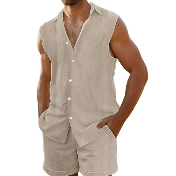 Wyobmus Men's Short Sets Summer 2 Piece Outfits Button Down Linen Tank Top and Short Sets Summer Beach Resort Outfits Khaki