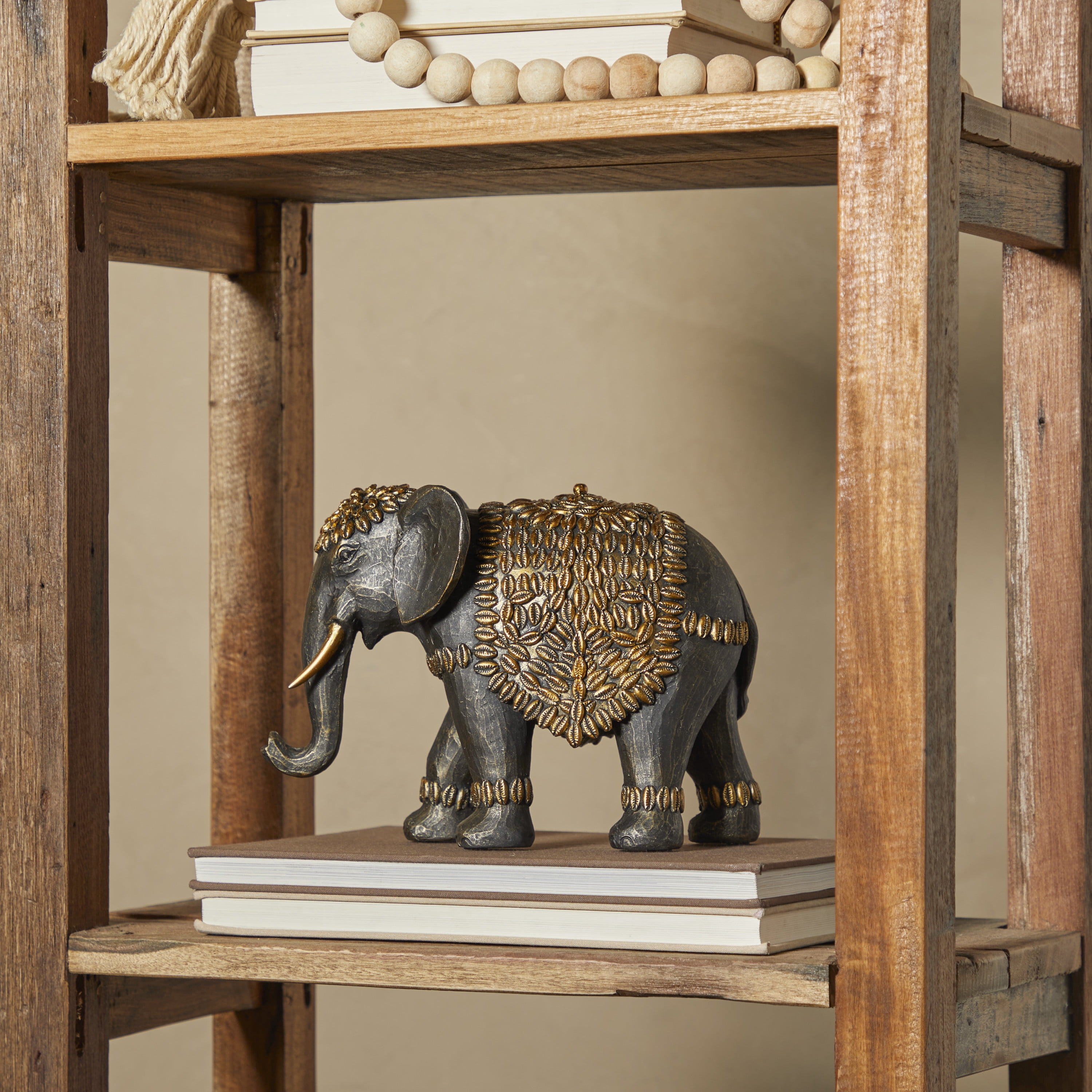 5" x 7" Black Polystone Elephant Sculpture with Cowrie Shell Carvings, by DecMode