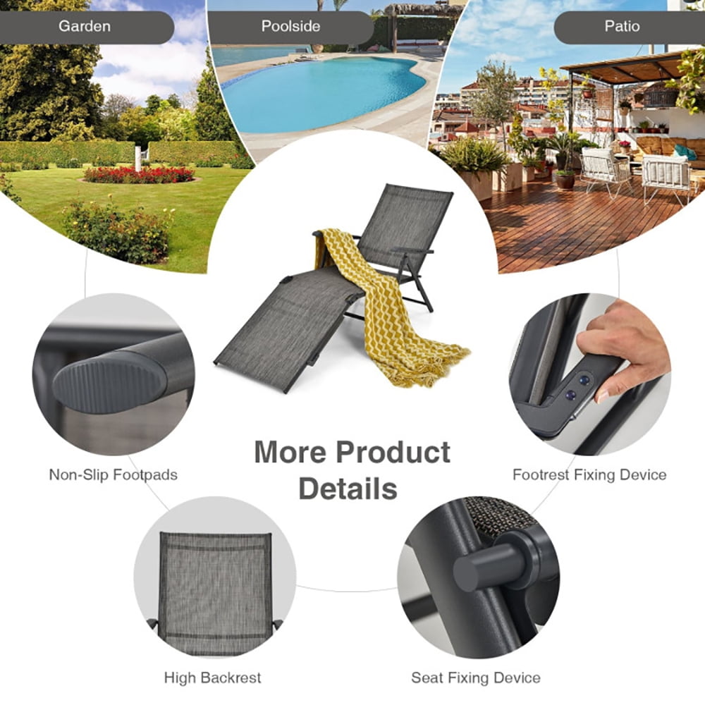 Aimee Lii 2 Pieces Foldable Chaise Lounge Chair with 2-Position Footrest, Patio Loungers, Gray