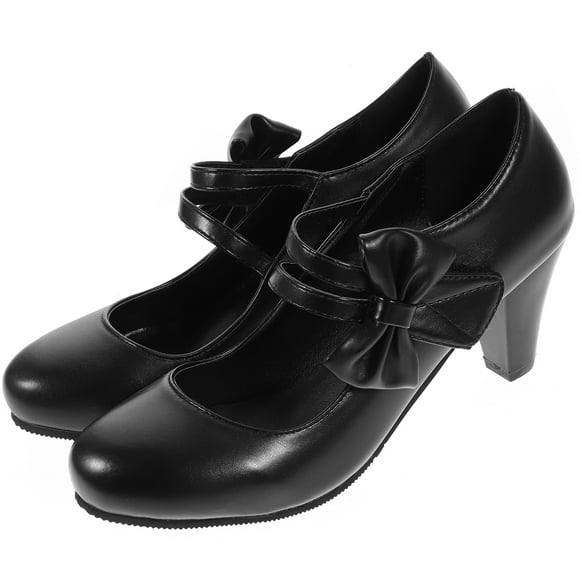 1 par de zapatos de tacón alto con lazo para mujer, con punta ligera y tacón grueso.