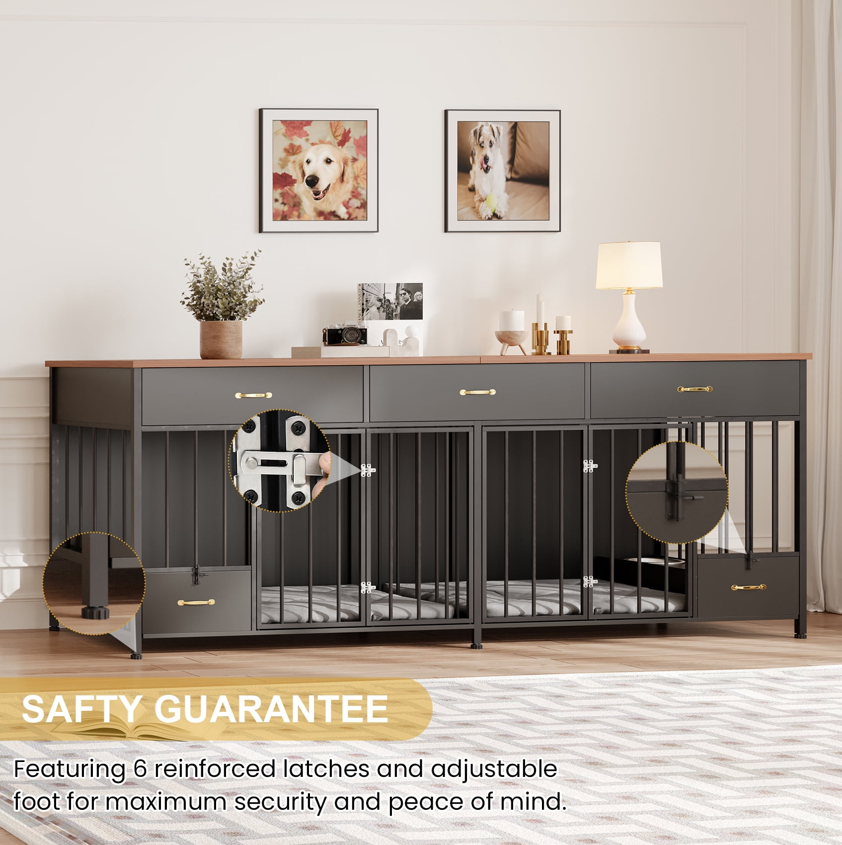 MOWPEX Extra Large Dog Crate Furniture with Feeder & 3 Drawers, 91.6" L, Heavy Duty Double Dog Kennel Furniture for Small, Medium & Large Dogs, Sturdy Black Pet Crate Table with Storage