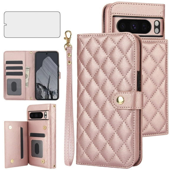 Asuwish Phone Case for Google Pixel 8 Pro 5G Wallet Cell Cover with Tempered Glass Screen Protector Lanyard Wrist Strap Flip Card Holder Slot Stand Pixel8Pro Pixel8 XL Eight 8Pro Women Girls RoseGold