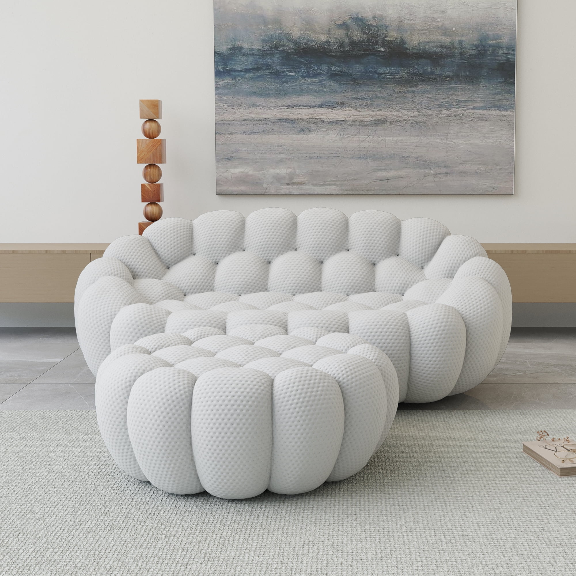 Sodrens 79.53" Bubble Couch with Single Seat,Modern Upholstered Mesh Fabric Lazy Floor Sofa,3D Honeycomb Shape Bubble Sofa Curved Couch for Living Room,Office,Apartment,No-Assembly(Light Gray)