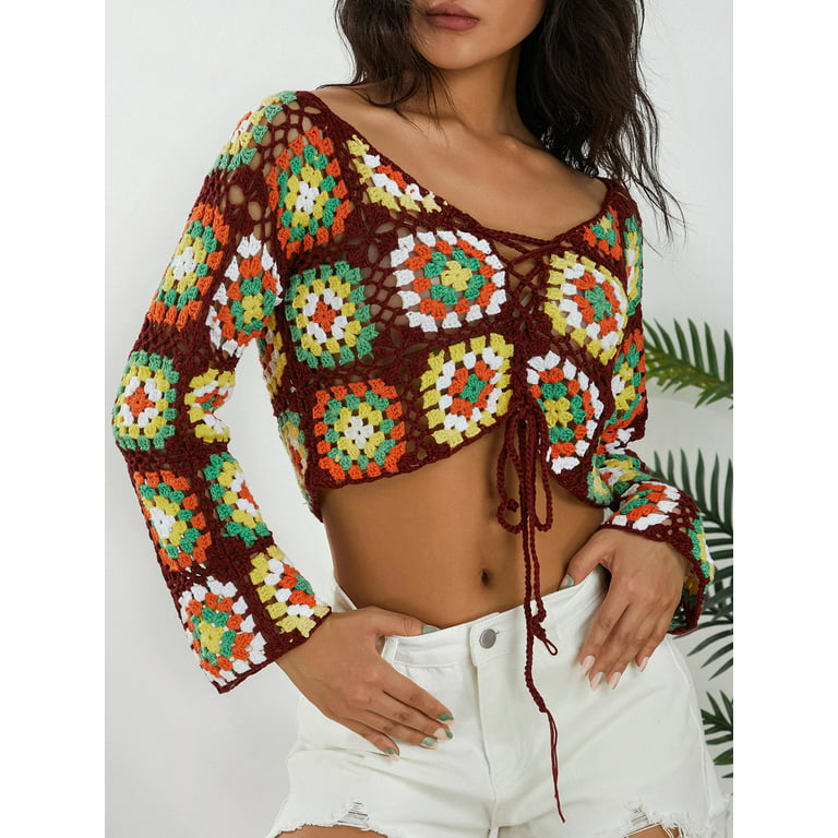 LSFYSZD Women Crochet Crop Tops, Ethnic Style Tie-up Hollow Floral Pattern  V-neck Long Sleeve Cardigan 