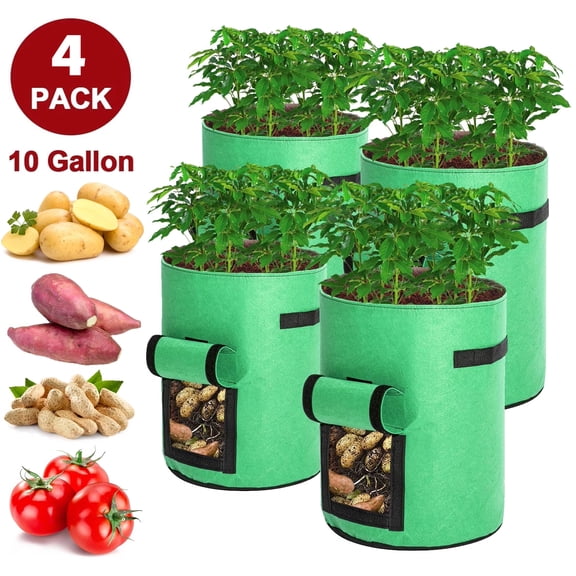 BSHAPPLUS® 4 Pcs Potato Grow Bags 10 Gallon,Non-Woven Fabric Plant Growing Bag with Roll-Up Harvest Window & Reinforced Handle,BPA Free Breathable Planter Pot for Potato Tomato Carrot Vegetable,Green