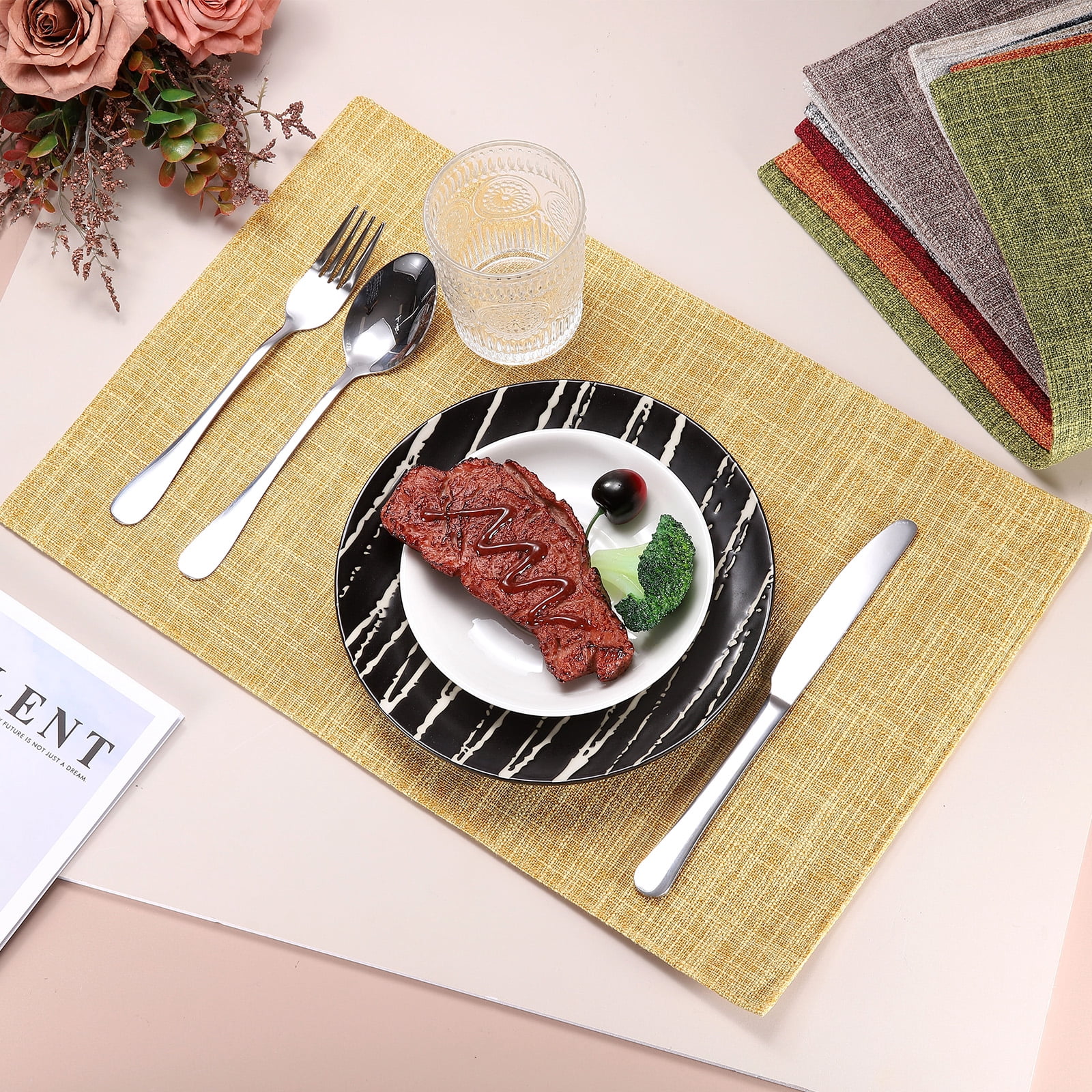 Uxcell 6pcs Linen Fabric Placemat 12" x 18" Polyester Rectangle Place Mats, Dark Brown