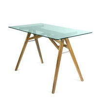 Camey Mid-Century Acacia Wood Desk with Tempered Glass Top, Natural and Green