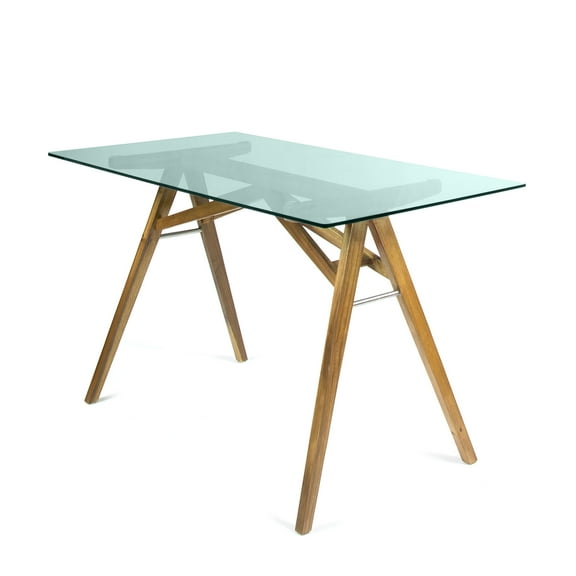 Camey Mid-Century Acacia Wood Desk with Tempered Glass Top, Natural and Green