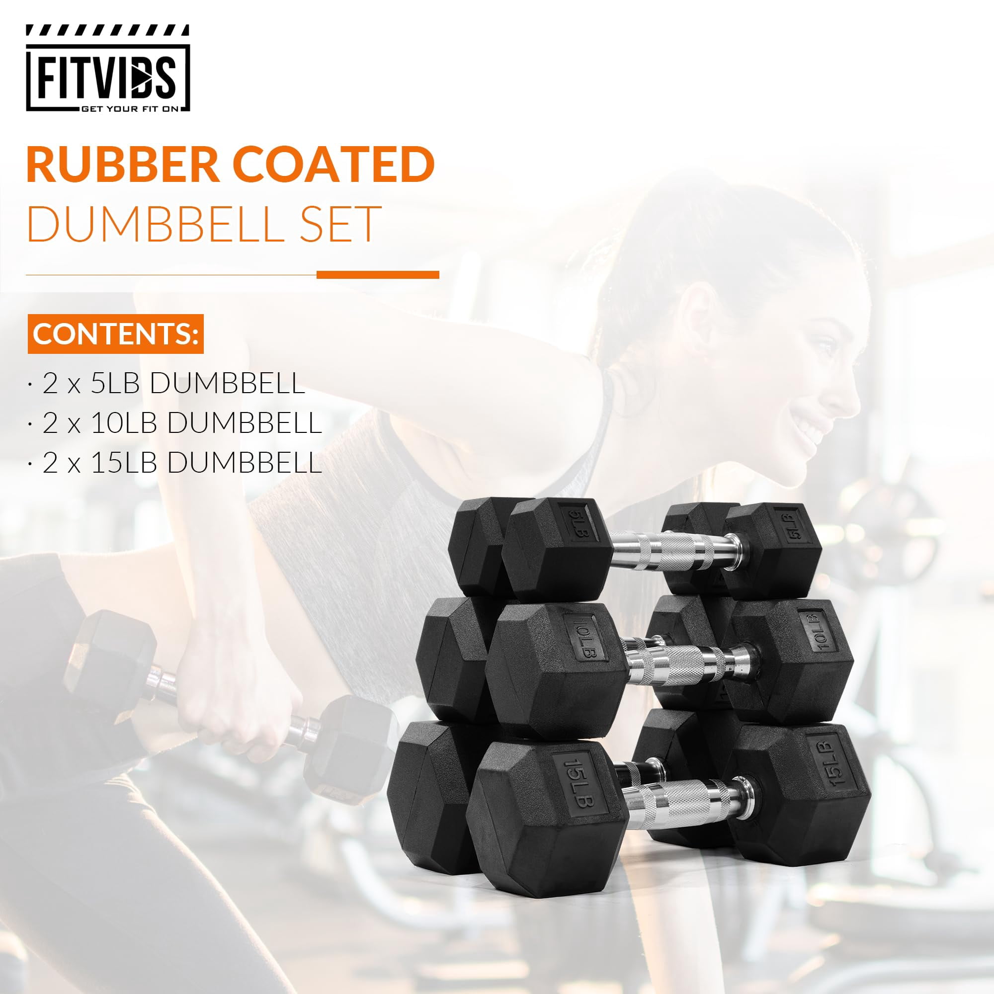 Sprint Demon 60 LB Rubber Hex Dumbbell Set with Ergonomic Handles, Pair of 5LB, 10LB & 15LB Free Weights for Home Gym Strength Training