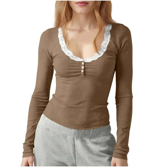 PFRNLF Ribbed Knit T Shirts for Women Fall Casual Button Henley Basic Slim Fit Long Sleeve Tops