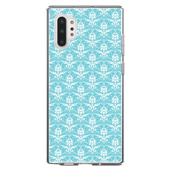 DistinctInk Clear Shockproof Hybrid Case for Galaxy Note 10 PLUS (6.8" Screen) - TPU Bumper, Acrylic Back, Tempered Glass Screen Protector - Baby Blue White Damask Pattern - Floral Damask Pattern