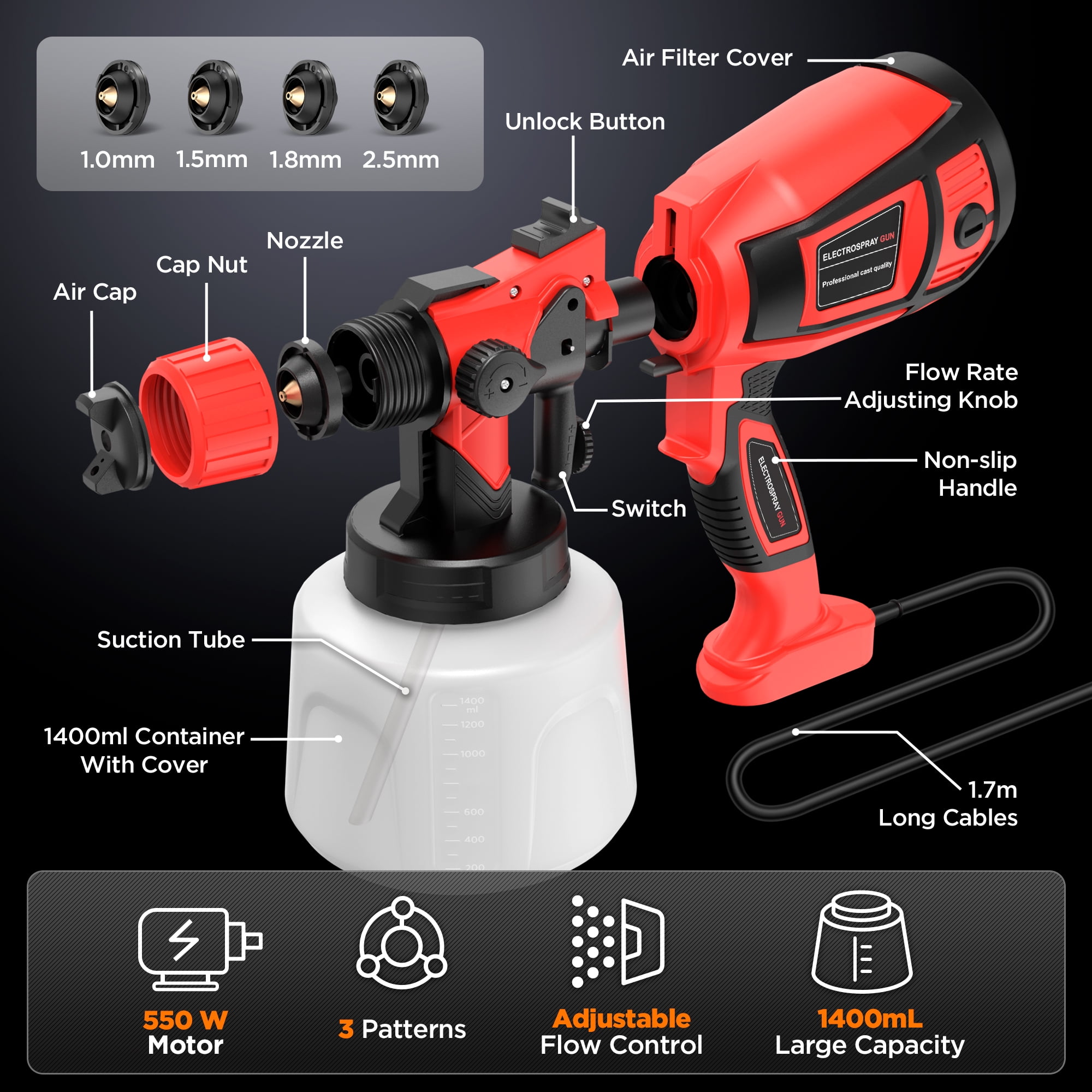 TNTANTS Paint Sprayer 1400ml Large Container, 550W HVLP Electric Spray Paint Gun with 4 Nozzles 3 Spray Patterns for House Painting, Home Interior and Exterior(Red)
