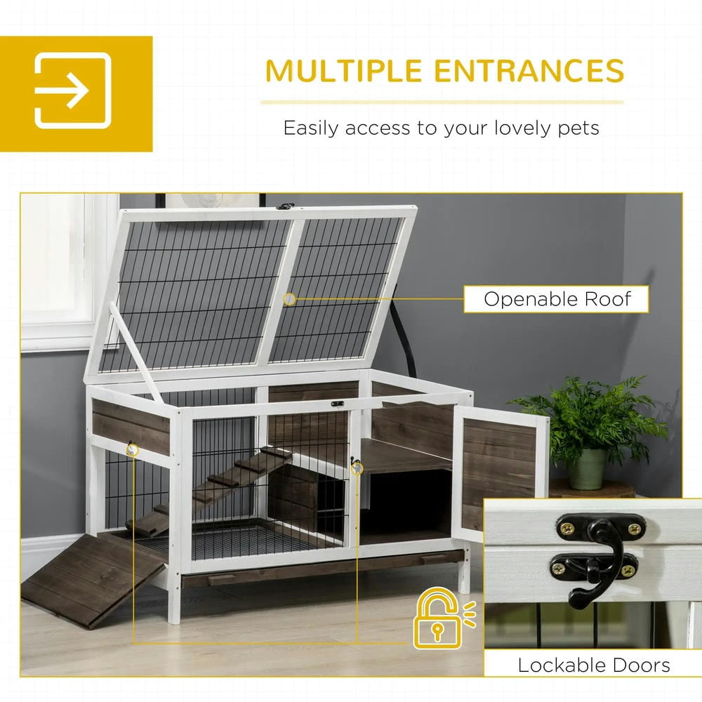 Spaco Wood Rabbit Hutch, Elevated Guinea Pig Cage with Run, Pet Cage for Outdoor, Coffee