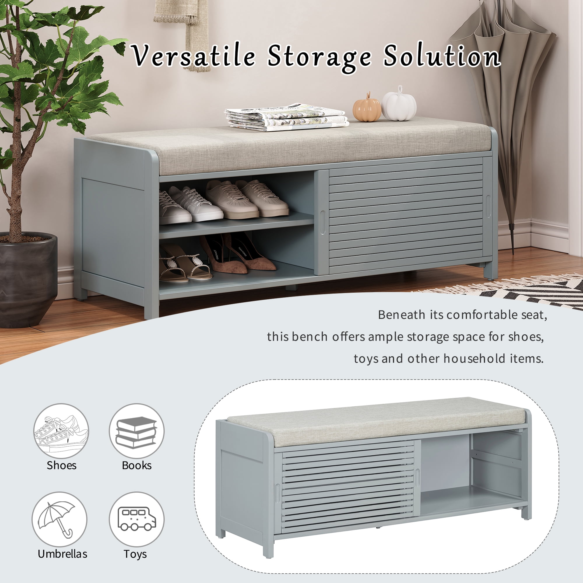 Euroco Shoe Bench with Storage and Cushion, Distressed Shutter Storage Bench with Retro Charm for Living Room, Entryway (Grey)