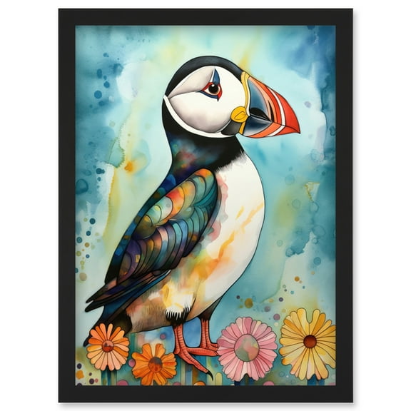Puffin Bird With Flowers Folk Art Artwork Framed Wall Art Print A4
