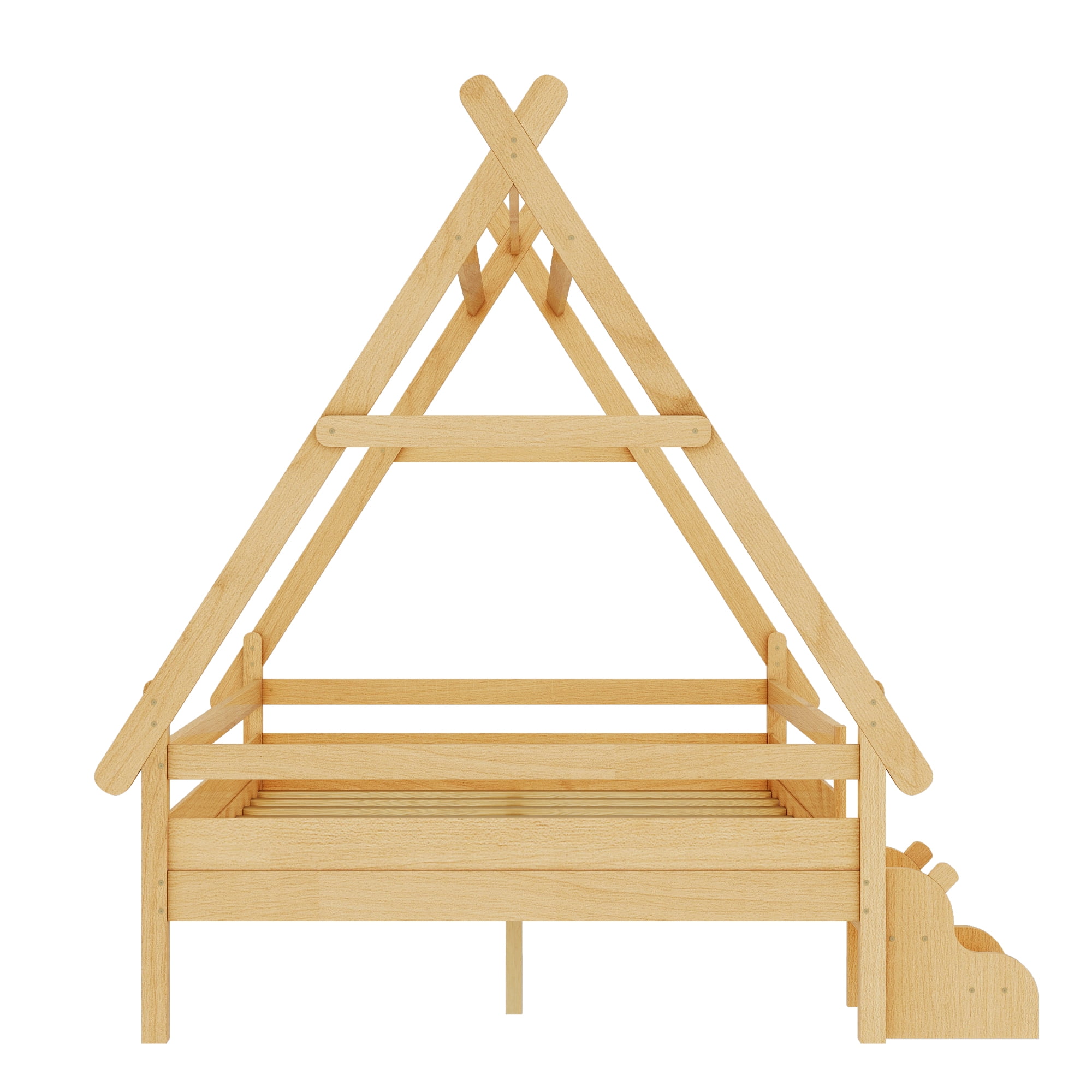 Miniyam Full House Platform Bed with Stairs, Solid Wood Kids Bed with Low Profile Design, Natural