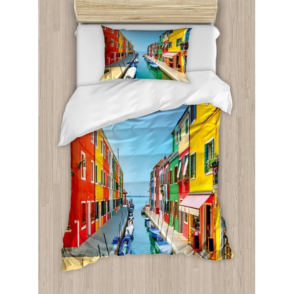 City Love Duvet Cover Set Twin Size, Sea View with Colorful Buildings Urban Life Composition with Boats Photography, Decorative 2 Piece Bedding Set with 1 Pillow Sham, Multicolor, by Ambesonne