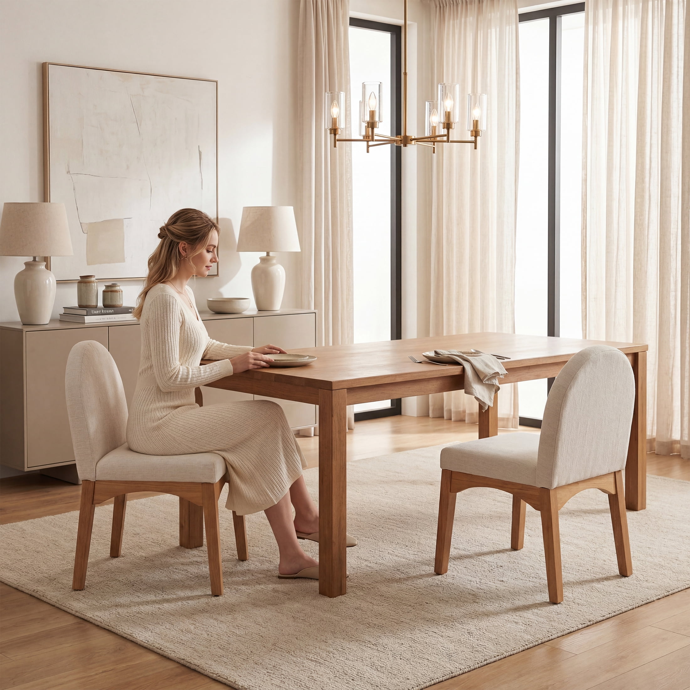 Guyou Modern Dining Chairs Set of 6, Linen Upholstered Dining Room Chairs, Mid Century Wooden Kitchen Side Chairs for Dining Room, Kitchen, and Living Room, Beige