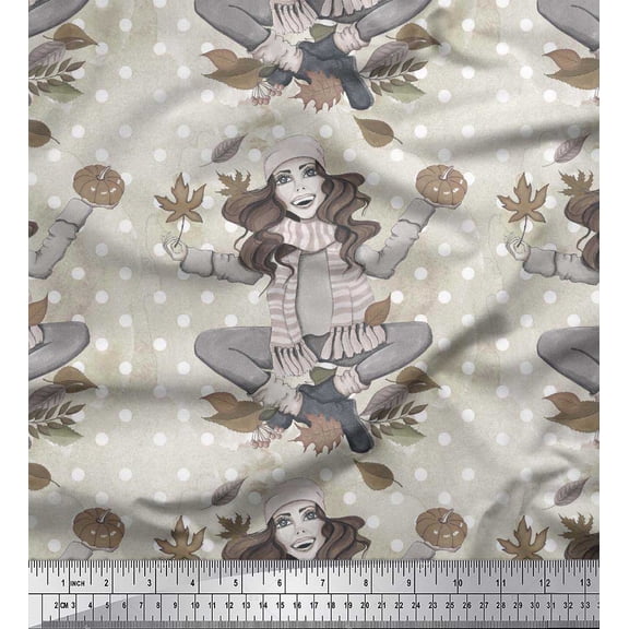 Soimoi Silk Fabric Dot,Autumn Leaves & Girl Winter Theme Printed Fabric 1 Yard 42 Inch Wide