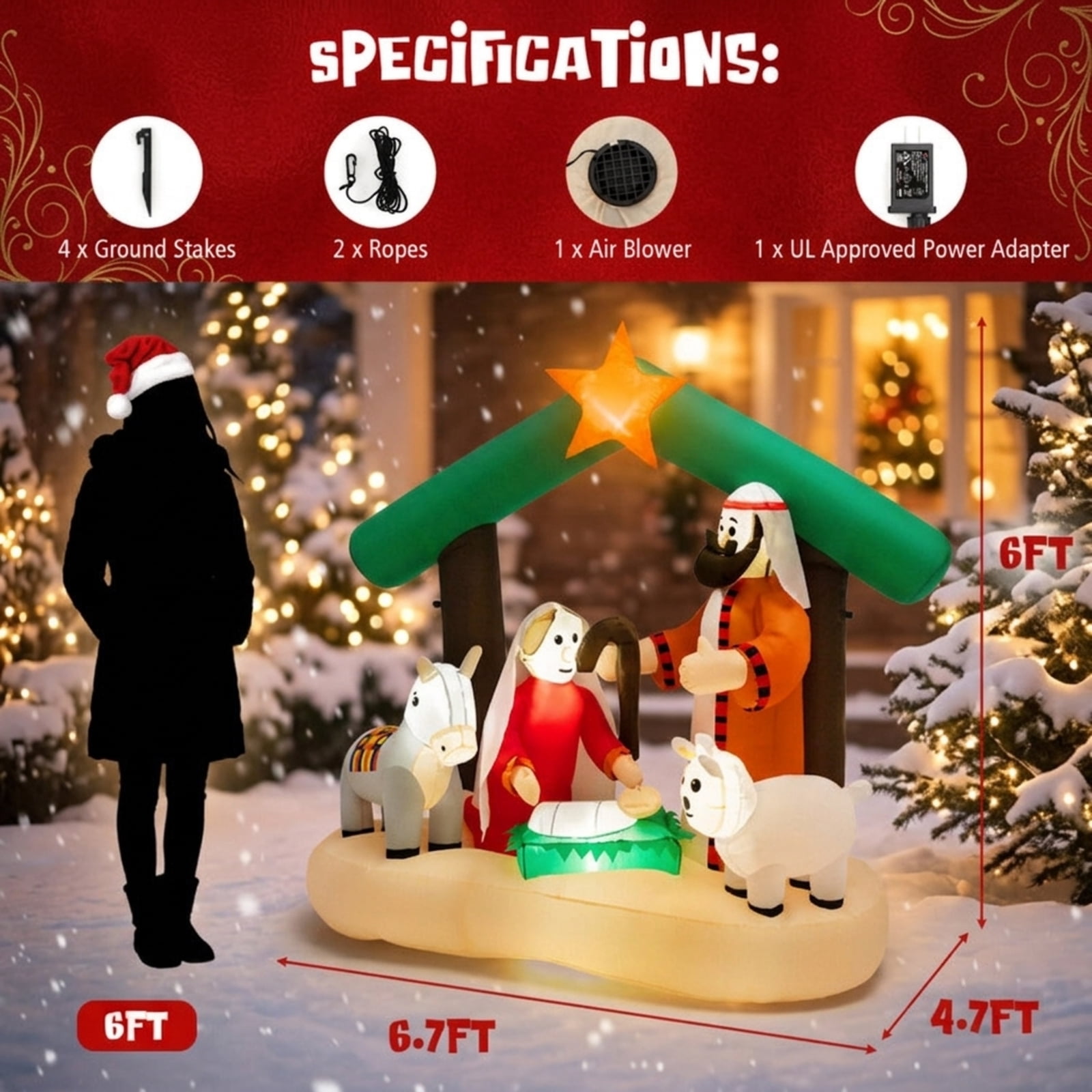 RUIE 6.7 ft Christmas Inflatable Nativity Scene with LED Lights, Waterproof Blow Up Holy Family Outdoor Yard Decoration for Lawn