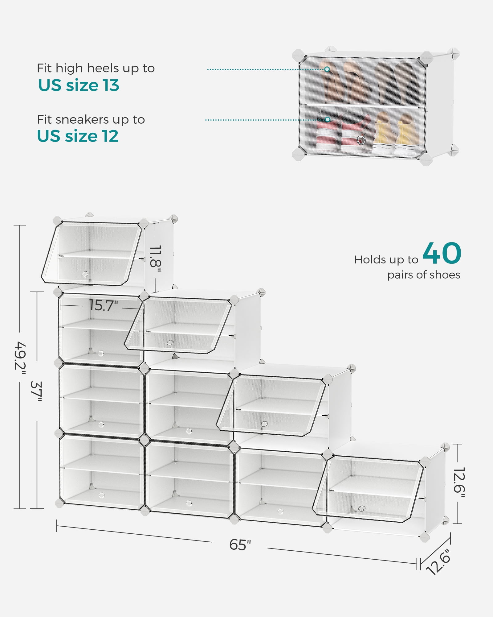 SONGMICS 10-Cube Shoe Rack with Doors, White Plastic Storage Cabinet for 40 Pairs of Shoes, Steel Frame, Entryway & Bedroom Organizer