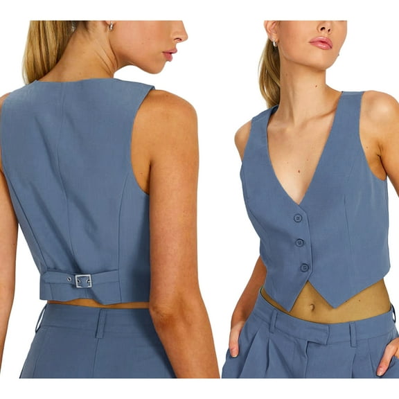 Women Casual Suit Vest Sleeveless V Neck Button Vest Tops Solid Color Regular Fitted Vests Waistcoat