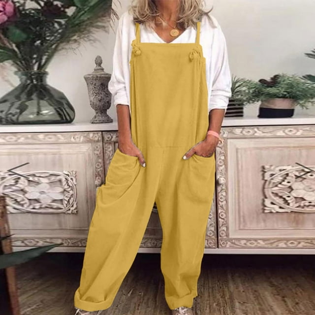LOVZFMLL Combinaison pour Femme, Salopette Décontractée Ample Combinaison Short Ample Combinaison en Coton et Lin Jaune, TG