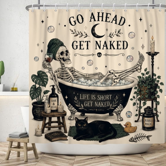 MIZHONA Funny Halloween Skeleton Shower Curtain Gothic Get Naked Skull Fabric Bathroom Curtains Decor with Hooks 72x72 in
