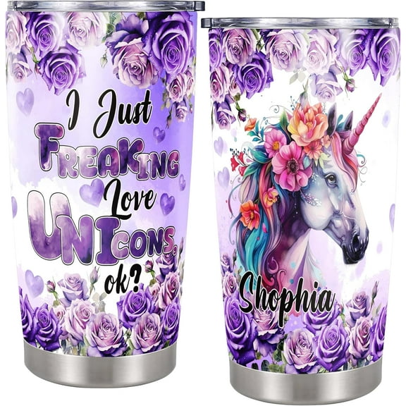 Personalized Unicorn Tumbler Customized Name Insulated Cups Mug 20oz with Lid Stainless Steel Cute Gifts for Women Girls Daughter Mom Mother Animal Lovers Birthday