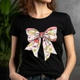 thumbnail image 5 of Back to School Bow Shirt – Cute Pink Smiley Paperclip Floral Teacher Tee , Black, XL, 5 of 6