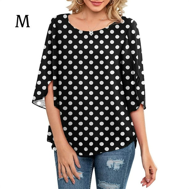 Qarigey Camisa de mujer Estampado de media manga Top Camisa de mujer Estampado de medio cuello Blusa informal Prendas para la parte del cuerpo puntos blancos negros M