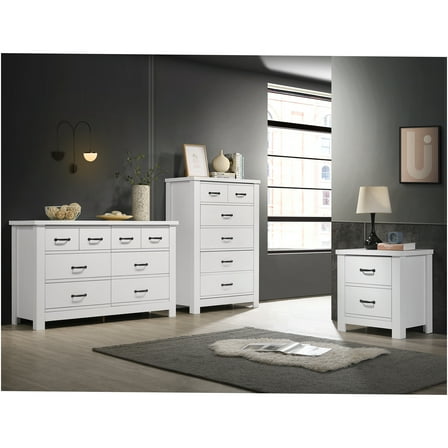 JERFIT White Modern 3-Piece Bedroom Set with Dresser, Chest & Nightstand, Engineered Wood Furniture for Ample Storage
