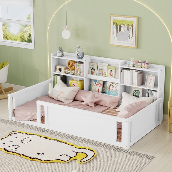 ChenyueFurn Twin Kids Floor Bed with Guardrail Fence & Storage,White