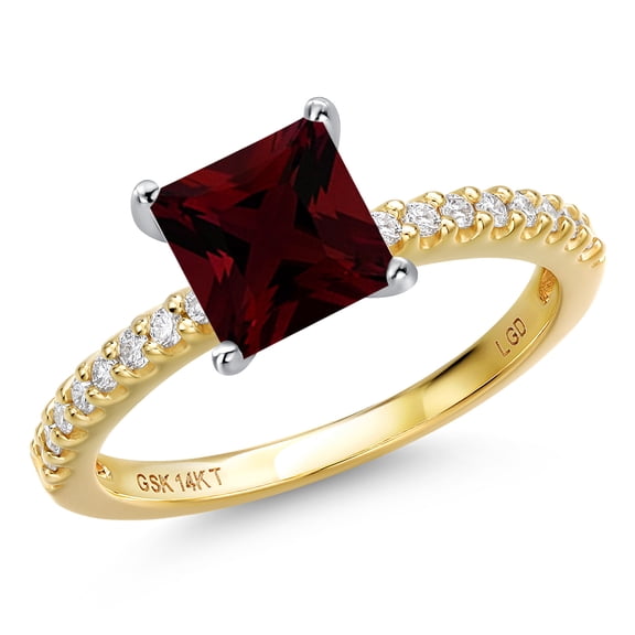 Gem Stone King 14K Two Tone Gold Red Garnet and Lab Grown Diamond Engagement Ring for Women | 1.26 Cttw | Princess 6MM | Gemstone January Birthstone | Size 9