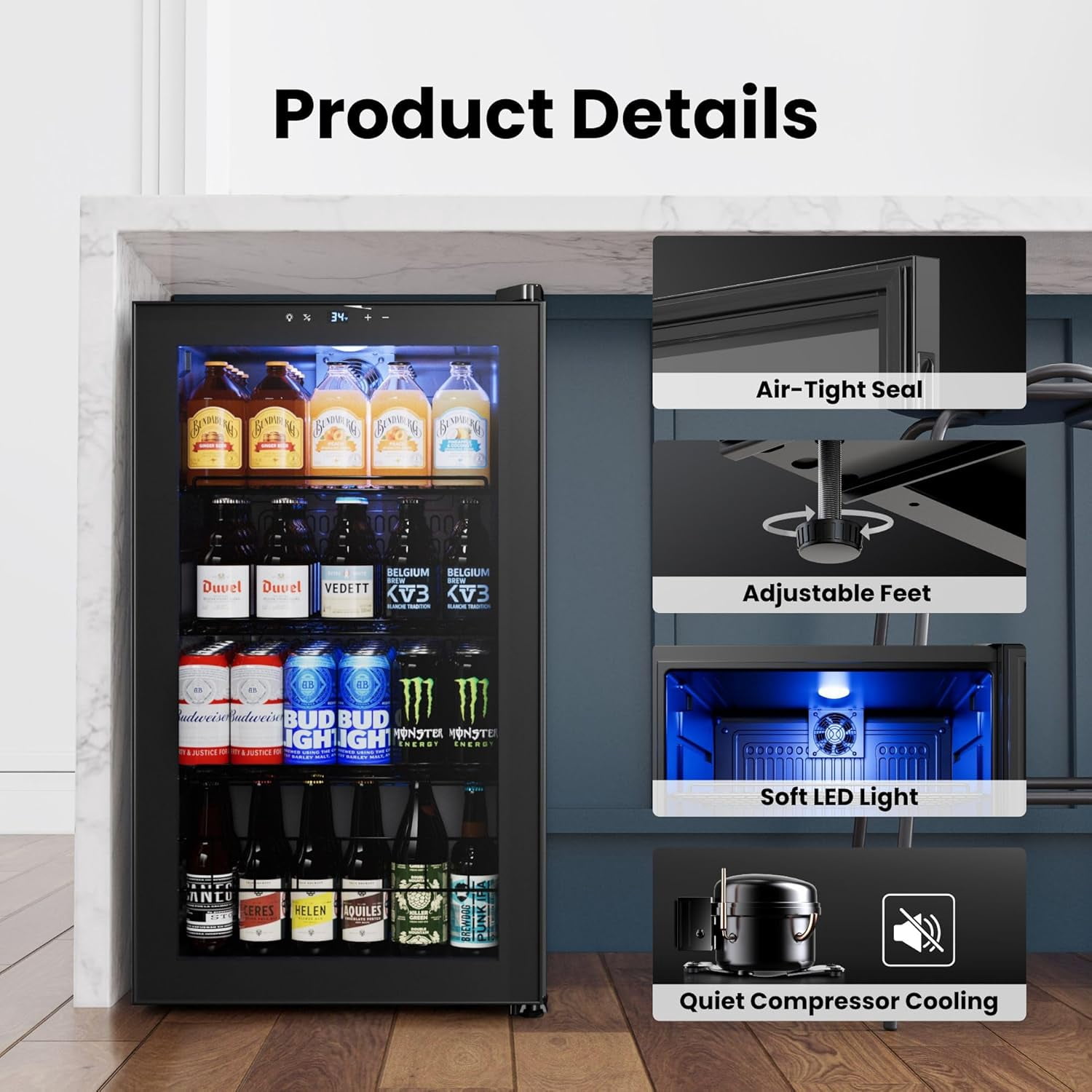 Yeego 136 Can Beverage Refrigerator Cooler, 3.4 cu.ft. Beverage Fridge with Glass Door for Home/Bar/Office, Black