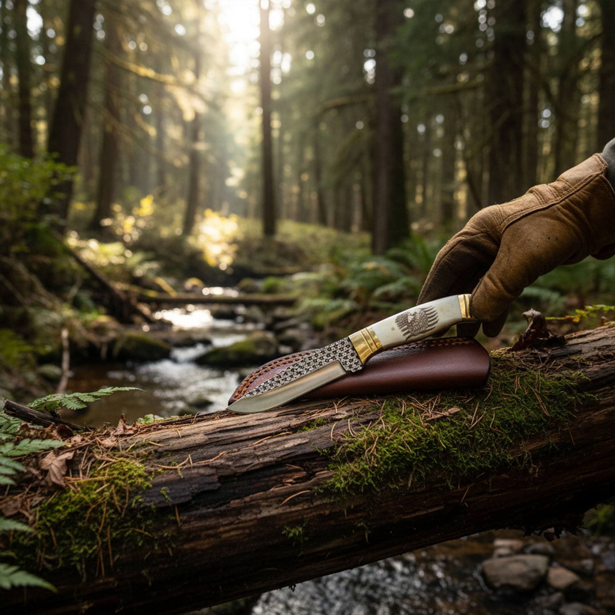 Rite Edge 8.25 Inch Bone Handle Fixed Blade Knife 8 Gauge Stainless Steel Blade Brass Bolster Laser Star Detail Leather Sheath Outdoor Knife