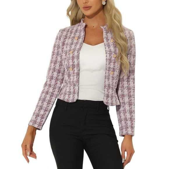 Unique Bargains Women's Elegant Plaid Tweed Blazer Jacket Pink XL