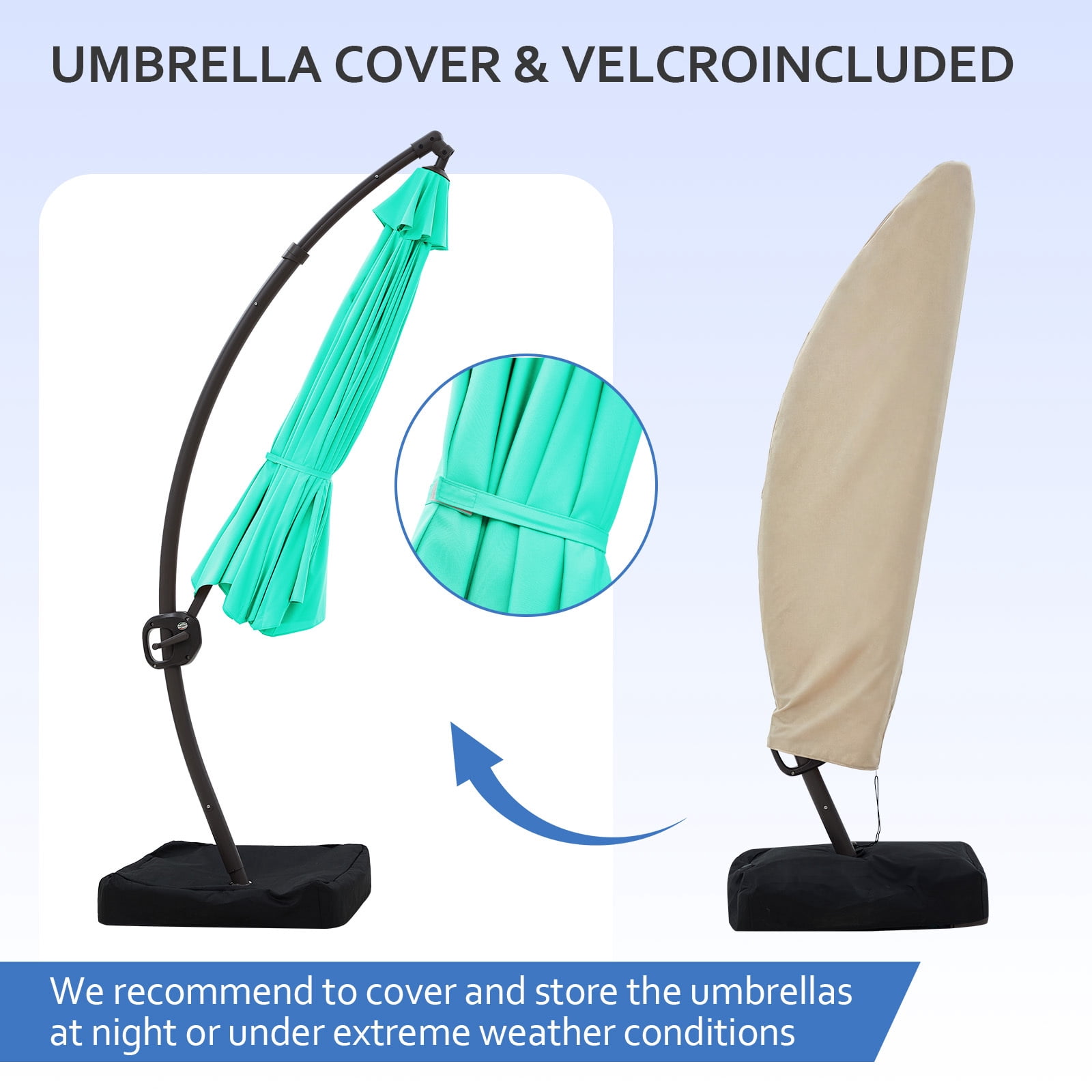 FUNDAZE 11ft Market Patio Umbrella with Base, Curved Cantilever Hanging Sun Shade with Crank & Tilt for Garden, Deck, Poolside,Turquoise