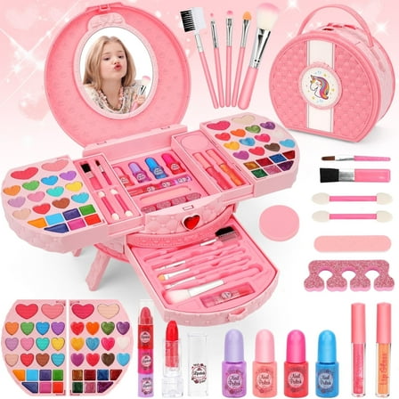 Sendida Kids Makeup Kit for Girl, 66 Pcs Real Washable Makeup Set for Little Girls Play Makeup Toy Beauty Set Birthday Gift Age 3 4 5 6 7 8 9  Year Old Kids Toddler Gifts