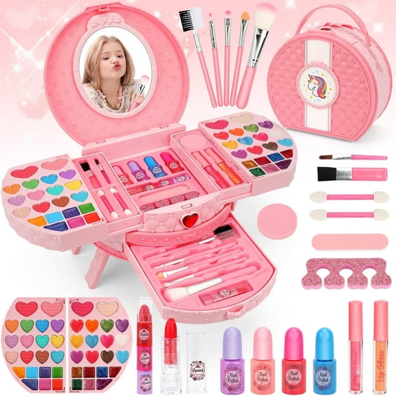 Sendida Kids Makeup Kit for Girl, 66 Pcs Real Washable Makeup Set for Little Girls Play Makeup Toy Beauty Set Birthday Gift Age 3 4 5 6 7 8 9  Year Old Kids Toddler Gifts